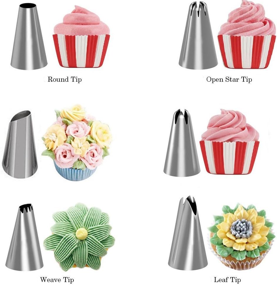 Stainless Steel Jumbo Classical Cup Cake Piping Icing Decoration Tips Set Include Closed Star Tip - Open Star Tip - Round Tip - French Tip - Swirl Tip - BONUS Drop Flower Tip