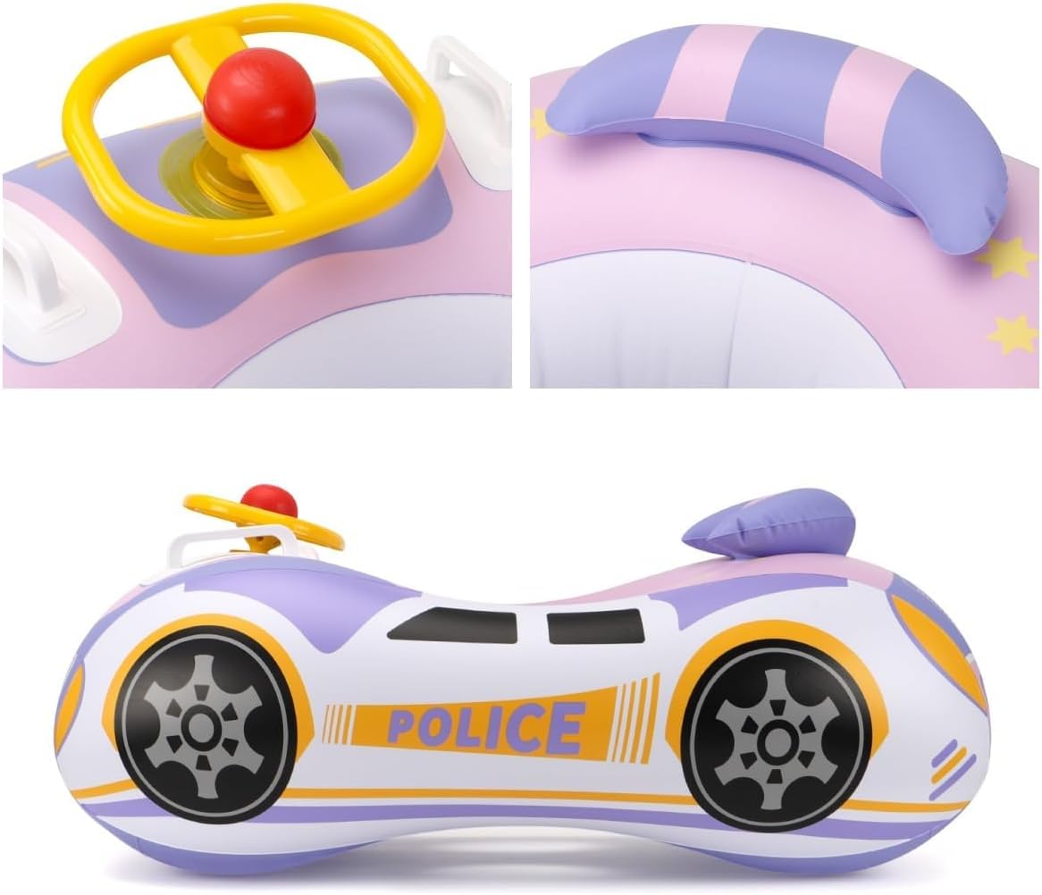 Toddler Pool Float Car with Steering Wheel No Flip Baby Pool Float with Seat&Backrest,Thick PVC Inflatable Police Car Baby Swim Float Kids Boat Float for 12-24 Months, Age 2-3, 3+ Years image 4