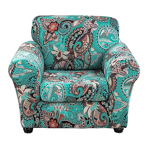 Lamberia Printed Sofa Cover High Stretch Sofa Slipcovers 2 Piece Armchair Slipcover with One Separate Cushion Cover Elastic Bottom Floral Pattern (Green, Armchair)