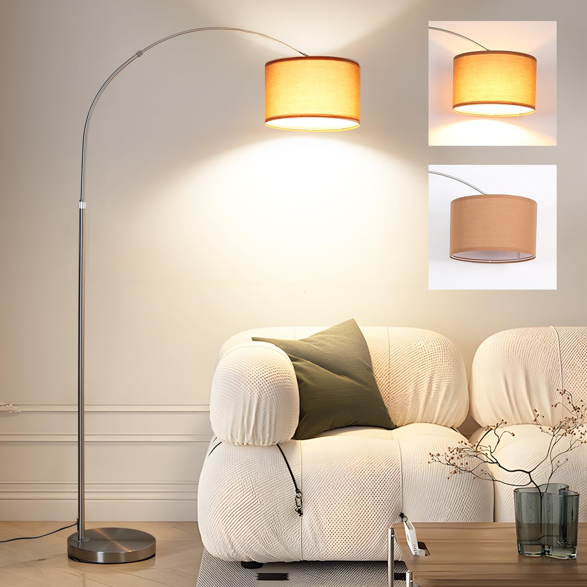ANTNELICHT LUNA - Lampada da terra ad arco vintage | LED E27, corpo argento, paralume marrone 33cm | Interruttore a pedale | Ideale per soggiorno, camera e hotel