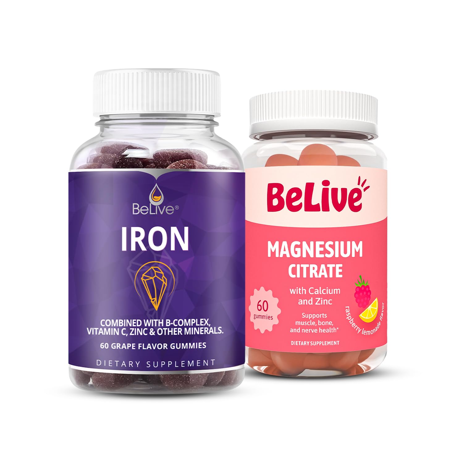 Iron + Magnesium Citrate Gummy Bundle – Multivitamin with Vitamin C, A, B & Zinc + Raspberry Lemonade Magnesium – Energy, Muscle, and Immune Support – 60 Count Each