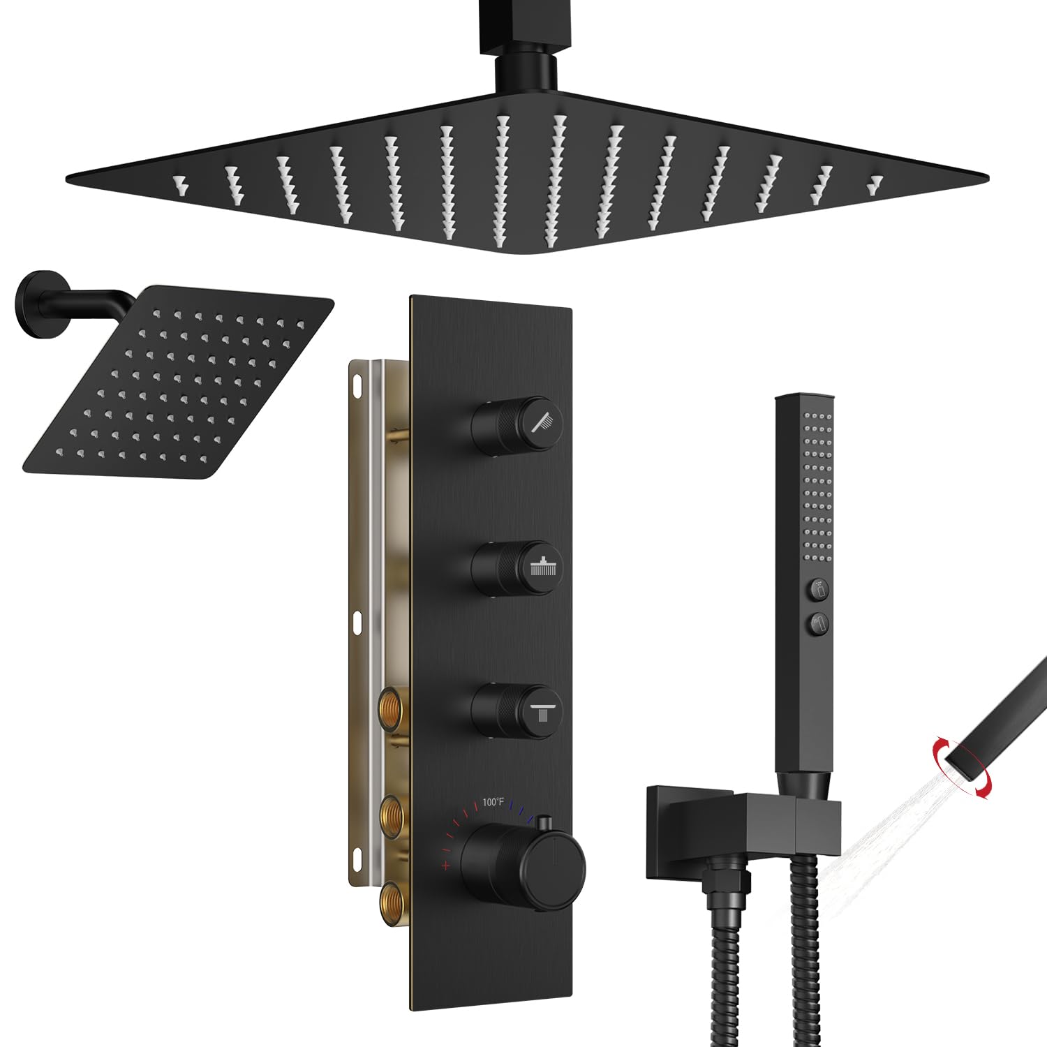 Thermostatic Shower System,Shower Faucet Set,12 Inch Ceiling Mounted and 6 Inch Wall Mount Rain Shower Head with 2 in 1 Handhled,Push Button Diverter Dual Shower Head Combo Set Matte Black