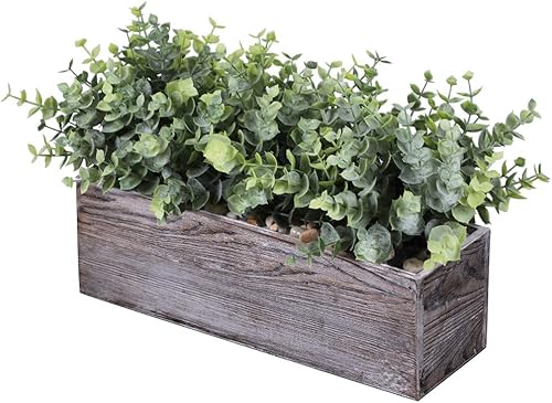 Miniatura 1 de Plantas de eucalipto sintético en maceta de madera rectangular rústica, arreglo de vegetación de eucalipto artificial, planta en maceta en verde