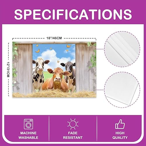 Miniatura 4 de Juego de 4 manteles individuales de vaca acuarela de 12 x 18 pulgadas, bonitos animales de granja, hojas silvestres, manteles individuales para