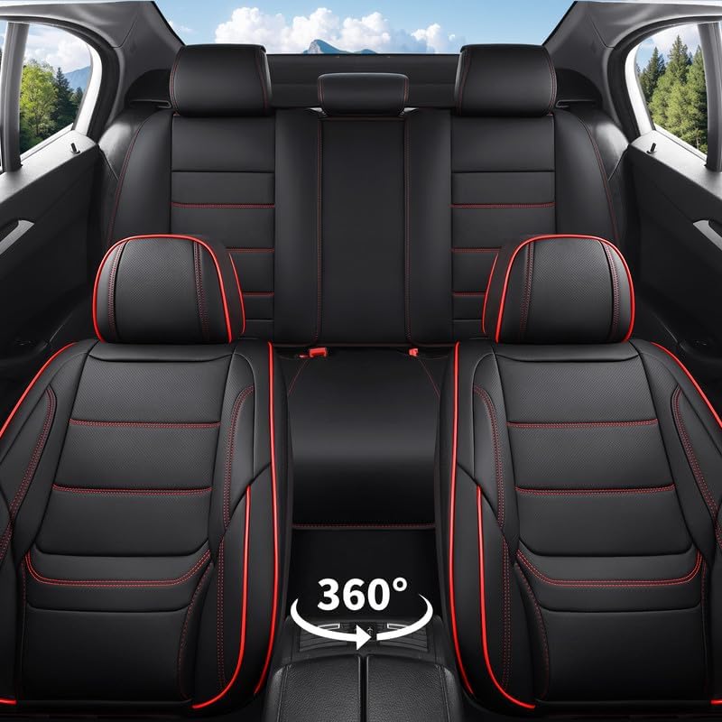 Car Seat Covers Full Set Custom Fit for Chevrolet/Chevy Malibu 2000-2025 2026-Premium Faux Leather with Lumbar Support, Breathable, Waterproof, Anti-Slip, Durable, Easy to Install (Black&Red,Full Set)