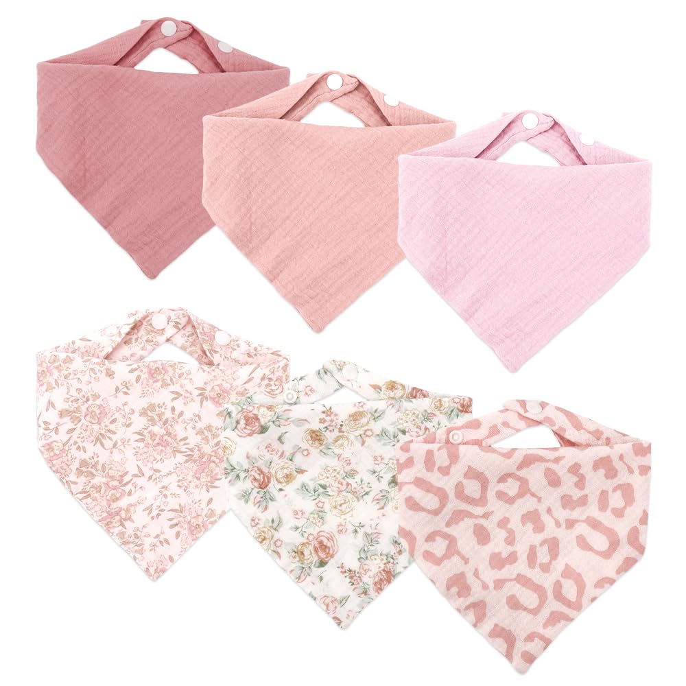 WALLFID 6 Pack Baby Bandana Dribble Bibs,Baby muslin bibs with Adjustable Snaps,Bandana Drool Bibs for Newborns Infants (Baby girl)