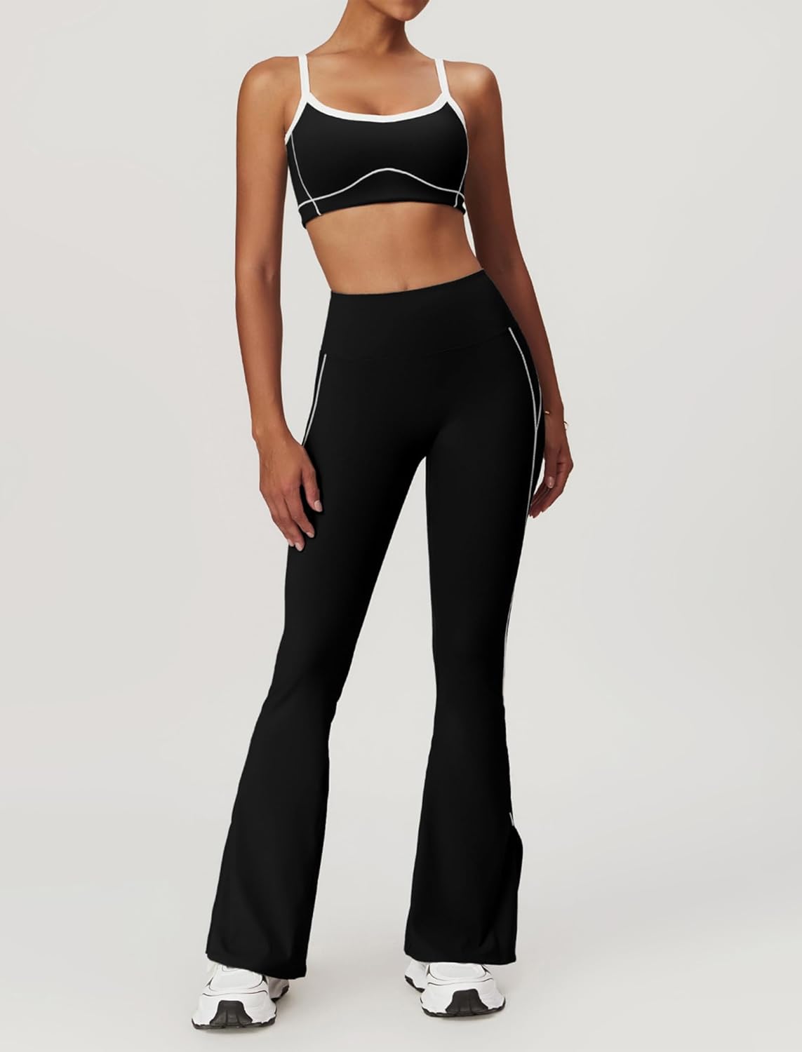Yoga sets for women 2 piece Fashion contrasting lines Sports Bra and High Wasit Split hem Flared Leggings - Image 2