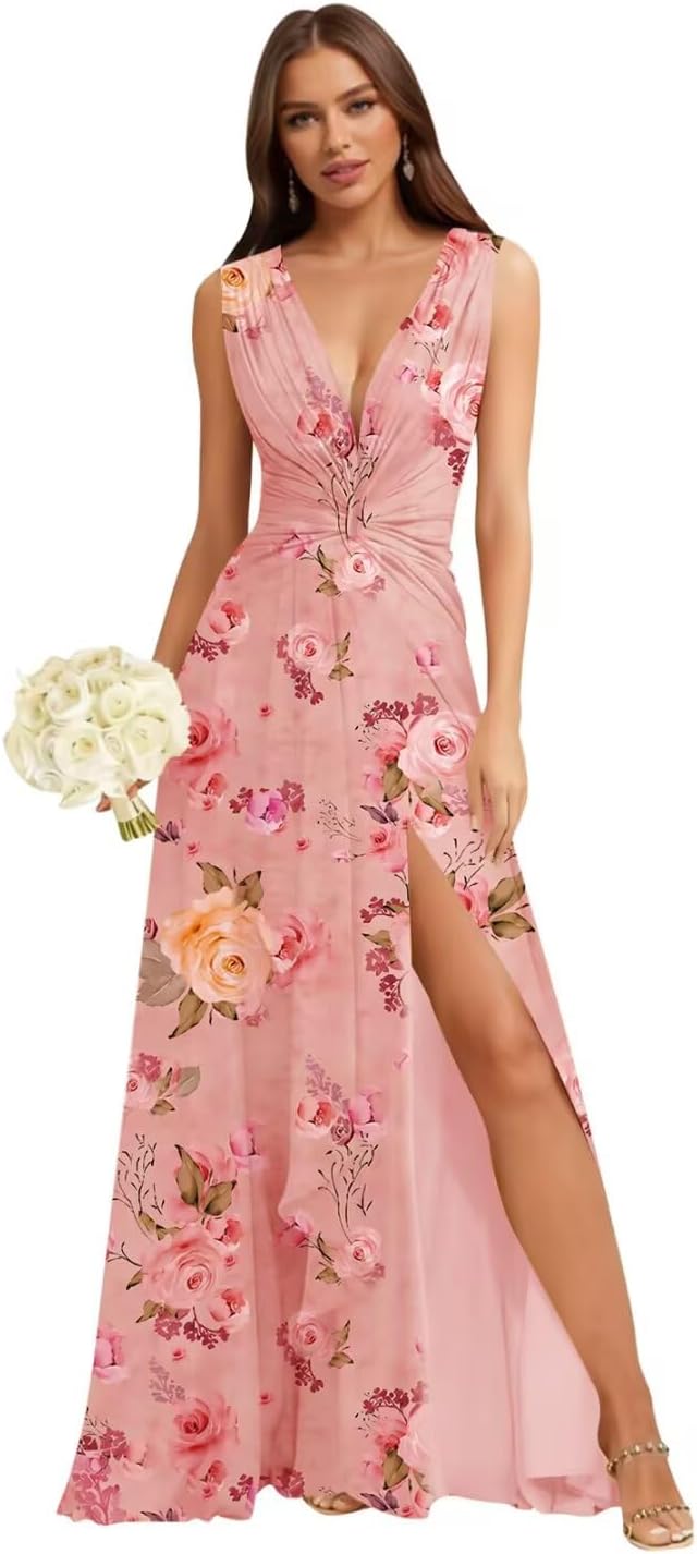 V Neck Chiffon Ruffle Bridesmaid Dresses for Women Long Ruched A Line Formal Evening Gowns with Slit