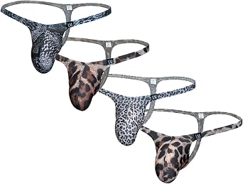 Gogobear Mens Sexy Leopard Print Thong Breathable Silky T-Back Panties Low Waisted Bulge Pouch Underwear