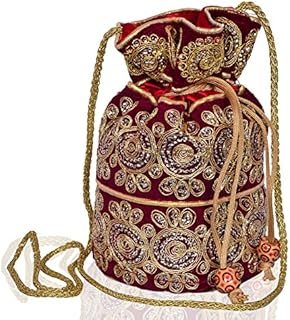 Purpledip Potli Bag (Clutch, Drawstring Purse) For Women With Intricate Gold Thread & Sequin Embroidery Work