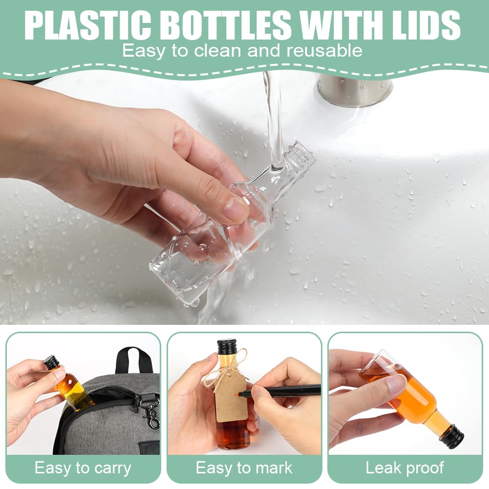HOTUT Mini botellas de plástico 50 ml reutilizables con tapas, paquete de 18 unidades con 2 embudos, 20 etiquetas y cuerdas