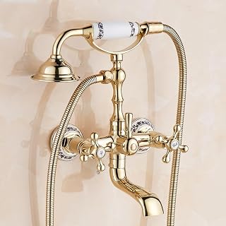 Grifo Ducha Vintage Laton Grifo Bañera y Ducha Dos Mandos Mezclador De Baño Y Ducha Con Ducha De Mano Grifo de Pared para Ducha, B Dorado