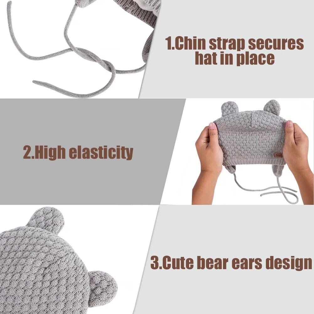 Winter Beanie Hat for Baby Kids Toddler Infant Newborn, Earflap Cute Warm Fleece Lind Knit Cap for Boys Girls (Gray&Pink&Beige)