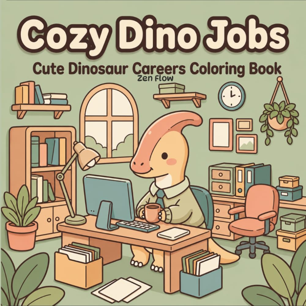 Cozy Dino Jobs Coloring Book: Cute Dinosaur Careers and Cozy Workplace Scenes for Relaxation and Stress Relief