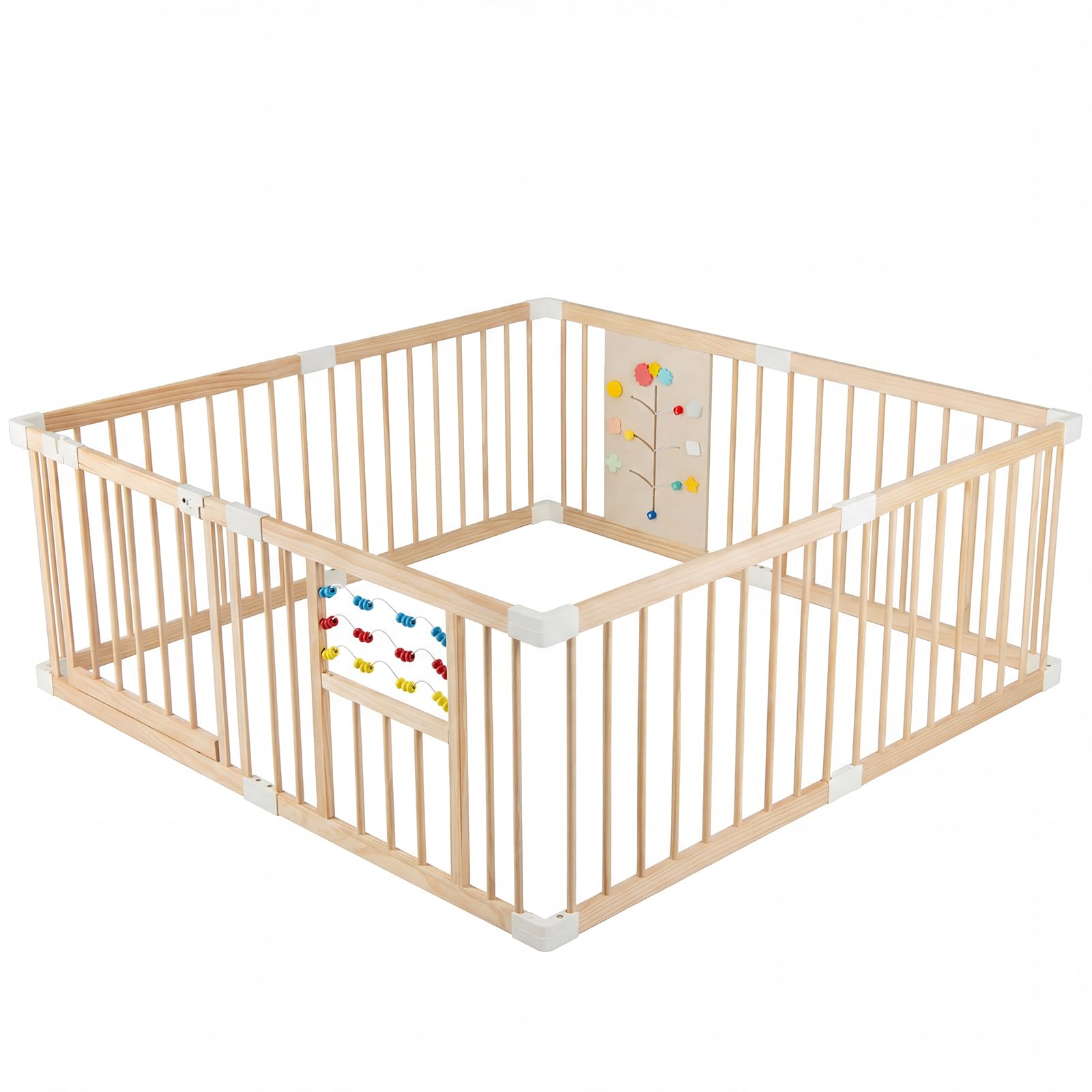 COSTWAY Baby Laufstall aus Kiefernholz, 160 x 160 cm, Laufgitter faltbar inkl. 8 Paneele, Krabbelgitter mit Tür, Sicherheitsverschluss & montessori Board, Playpen erweiterbar für Säuglinge & Kinder