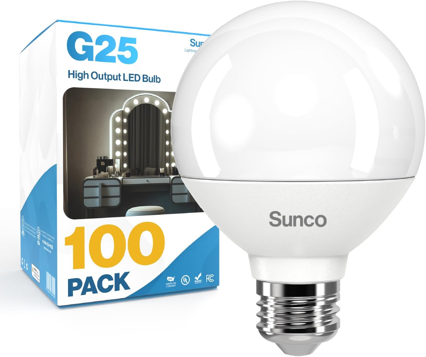 - Sunco 100 Pack G25 LED Light Bulbs, Globe Vanity Lights for Bathroom High Output, 1000 LM, 11W (100W Equivalent), 2700K Soft White, Dimmable, E26 Base, Round Frosted Decorative Bulb UL
