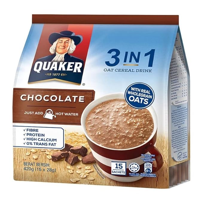 Quaker Oats 3in1 Chocolate Oat Cereal Drink With Australian Wholegrain Oats 15 Sachets 420g
