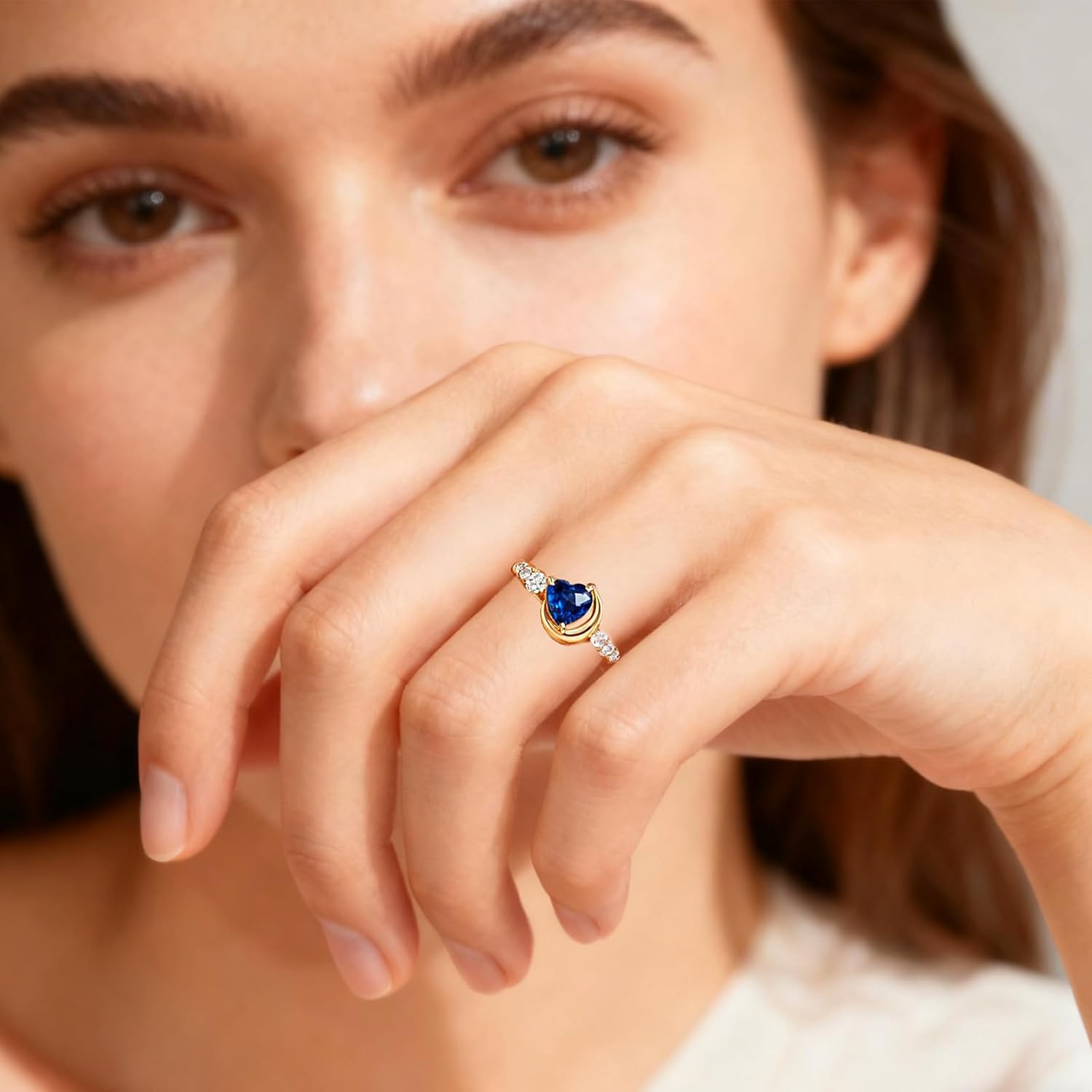 10K 14K 18K Gold 1CT Heart Gemstone Moon Rings for Women Promise Engagement Wedding Anniversary Ring Birthday Jewelry Gifts for Her Size 4-15