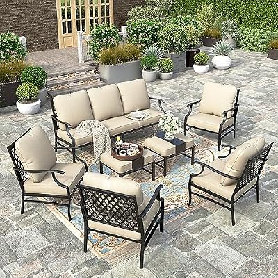 HERA'S HOUSE 7 Piece Patio Furniture Set, 4 x Metal Cushioned Chair, 2 x Cushioned Ottoman, 1 x 3-Seat Sofa, Outdoor Conversation Set for Lawn Garden Backyard