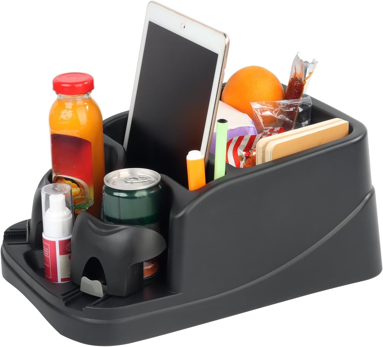 Universal Big Center Console for Cars, Trucks, Minivans, SUVs, Car Console Organizer with 2 Adjustable Cup Holders, Seatbelt for Secure Hold Car Seat Organizer, Truck Floor Console Black