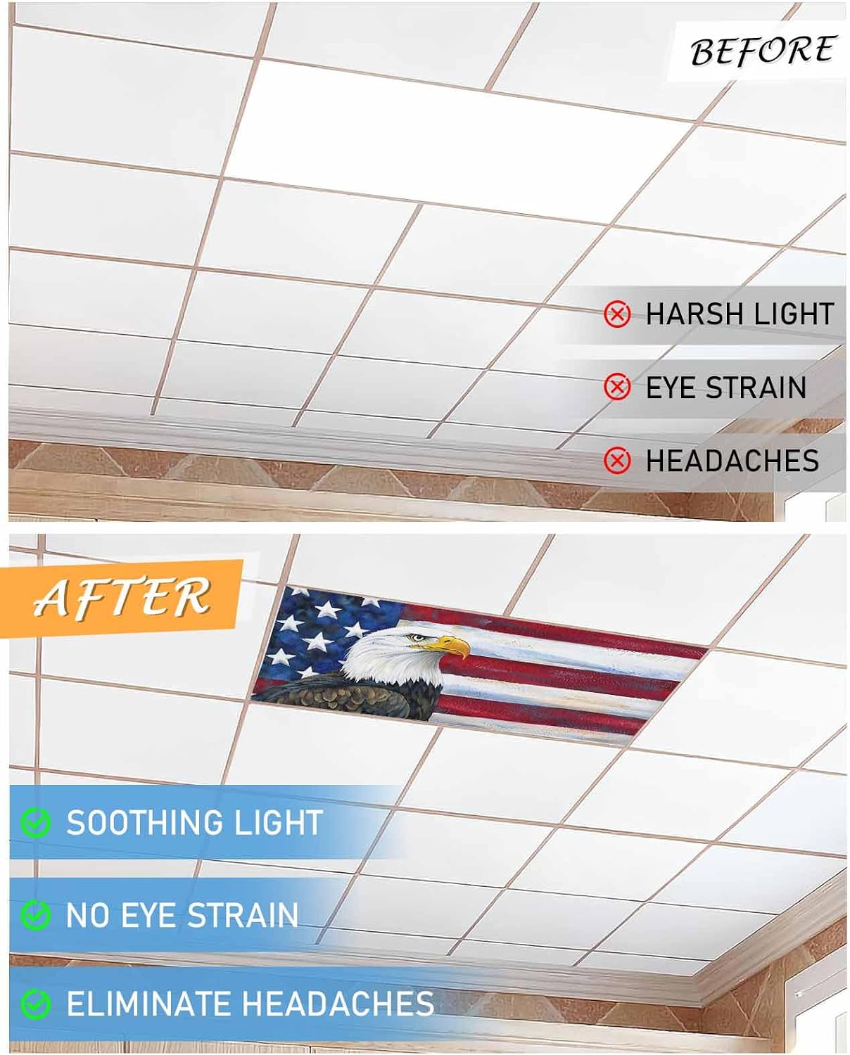 4th of July Fluorescent Lights Covers for Ceiling Lights Eagle Magnetic Light Filters 4 Pack 4x2 ft Rustic Retro Flag Ceiling Light Cover for Classroom Office School Home Drop Decor