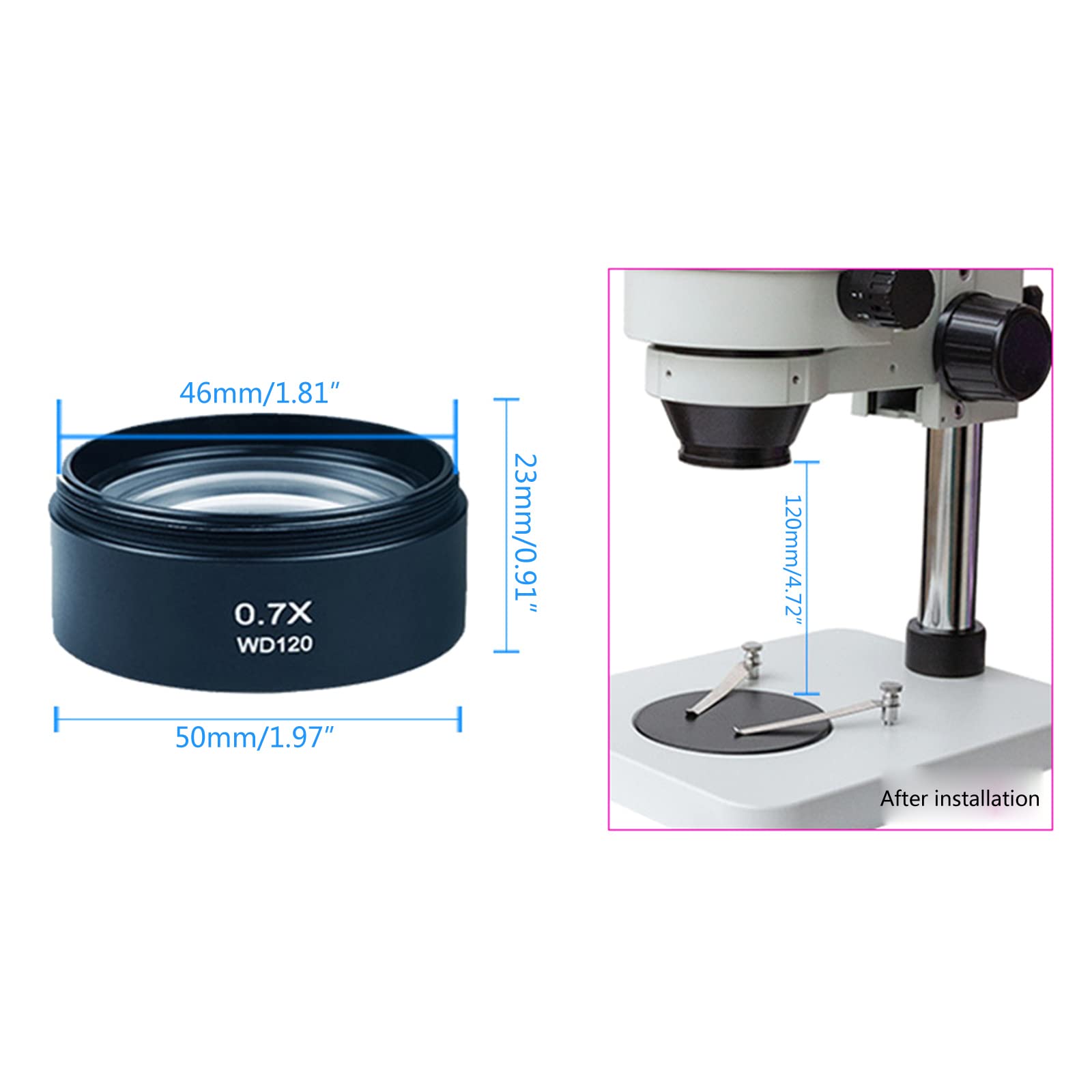 Barlowlinse, 48 mm Gewinde, WD120, 0,7 x, Trinokular-Stereo-Mikroskop, Hilfsobjektiv, Zubehörteile für Stereo-Trinokular-Fernglas