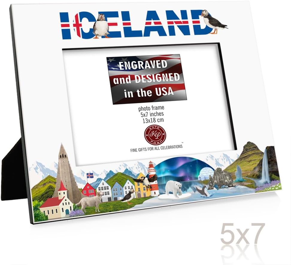 KATE POSH Stunning Iceland-Themed, Iceland Northern Lights UV Gloss Wooden Picture Frame – Perfect for Your Travel Memories (5x7-Horizontal)