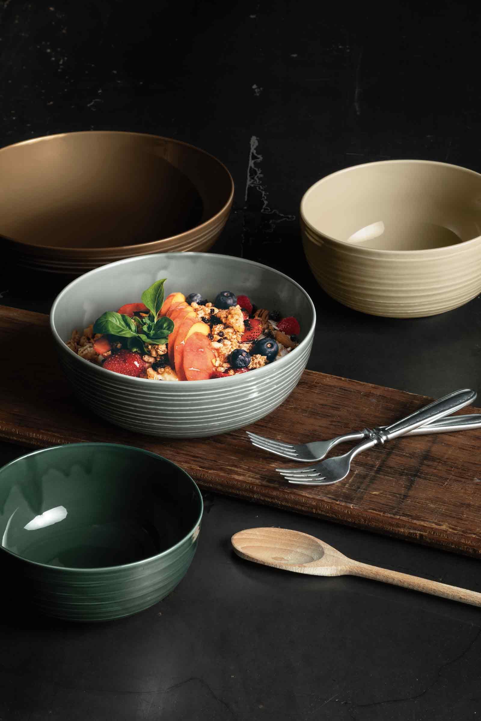 Seltmann Weiden Terra Müslischalen 4er Set, 15 cm, Runde Servierschalen mit spiralförmigem Relief, Spülmaschinen- und mikrowellenfest, Porzellan, Corso
