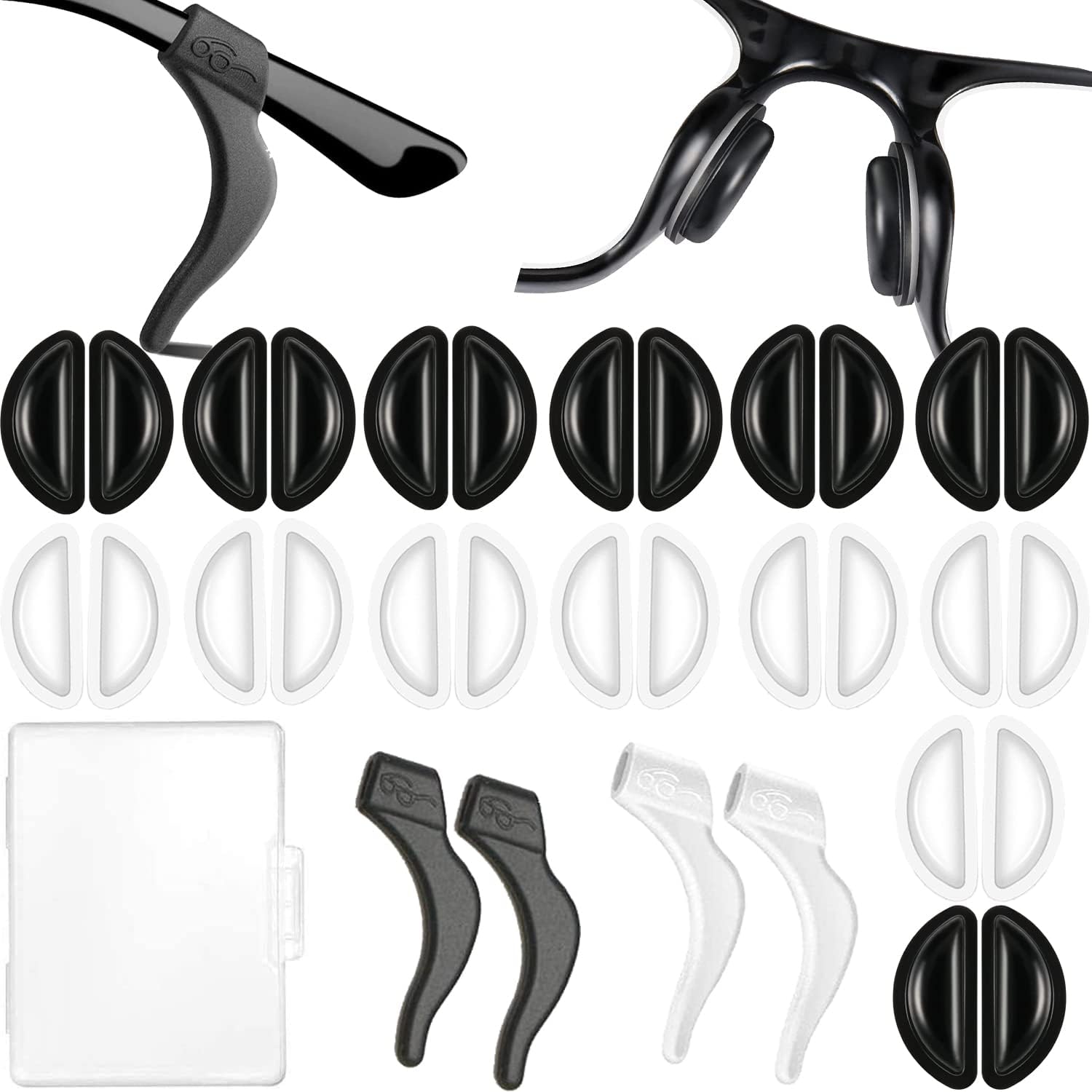 FSACLE 15 Pairs Air Chamber Eyeglass Nose Pads and 2 Pairs Eyeglass Retainer Sticky Pads Silicone Glasses Nose pad Stick on Eyeglass, Reading Glasses, Sunglasses, Silicone Nosepads (Black&Clear)