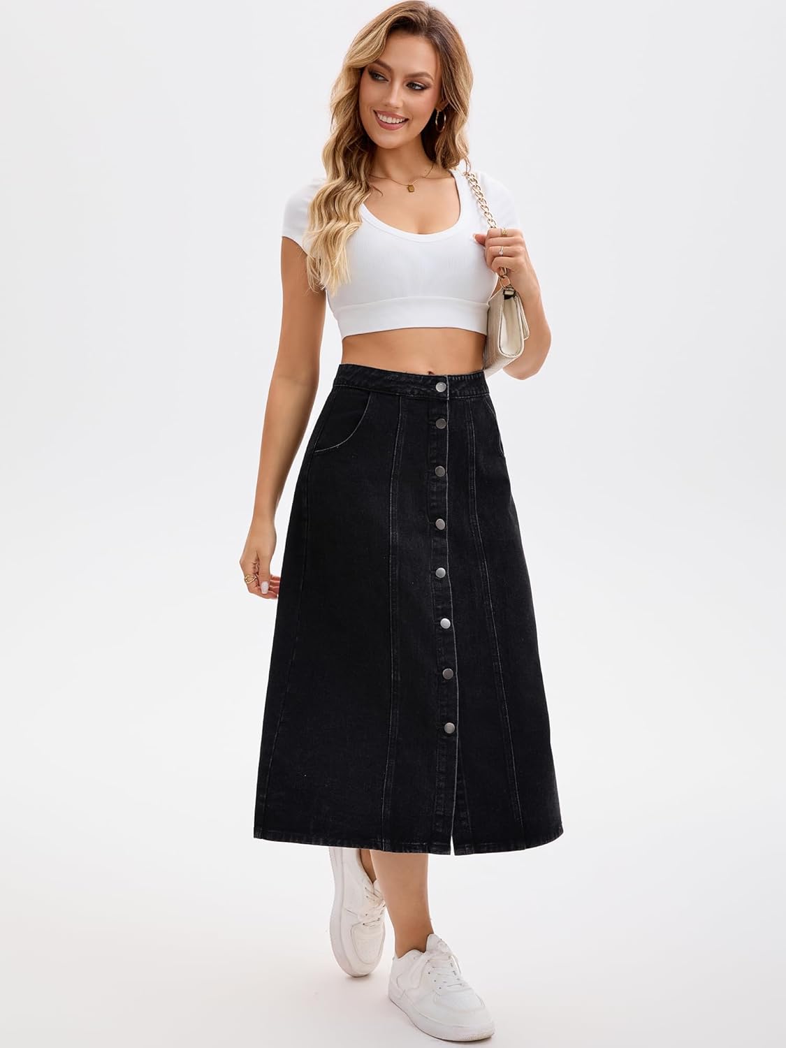 Women's Denim Skirt Button Down Front High Waisted Pockets A Line Midi Jean Skirts - Image 4