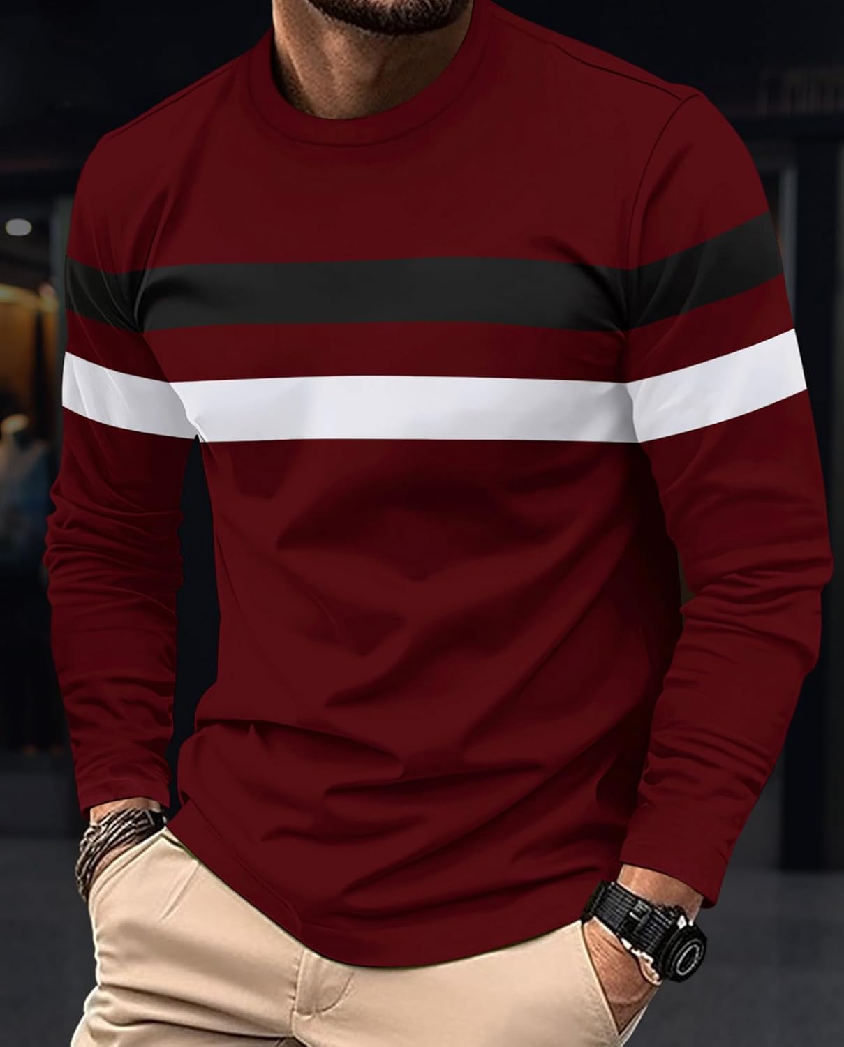 Stylish Mens Long Sleeve Shirt Colorblocked T Shirt and Casual Fall and Winter Fashion Easy Crew Neck Pullover - Image 2