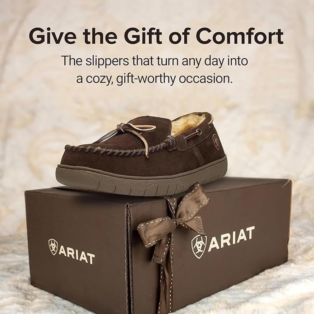 ARIAT Men's Indoor/Outdoor Warm Comfortable Harrison Moccasin Slippers with Genuine Suede Leather Upper, Dark Brown 7
