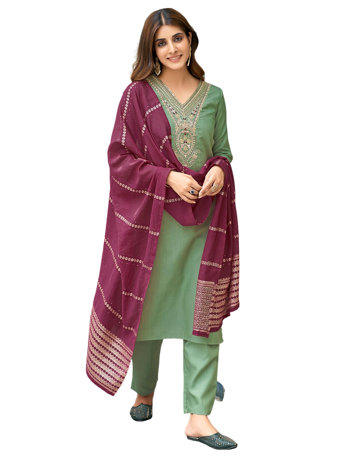 Sanisa Women's Cotton Blend Sequence Embroidery Work Straight Kurta With Pant And Dupatta Set| Ethnic Set | Suit Set | Kurta Set(166Kbd1783N-S_Pista Green)