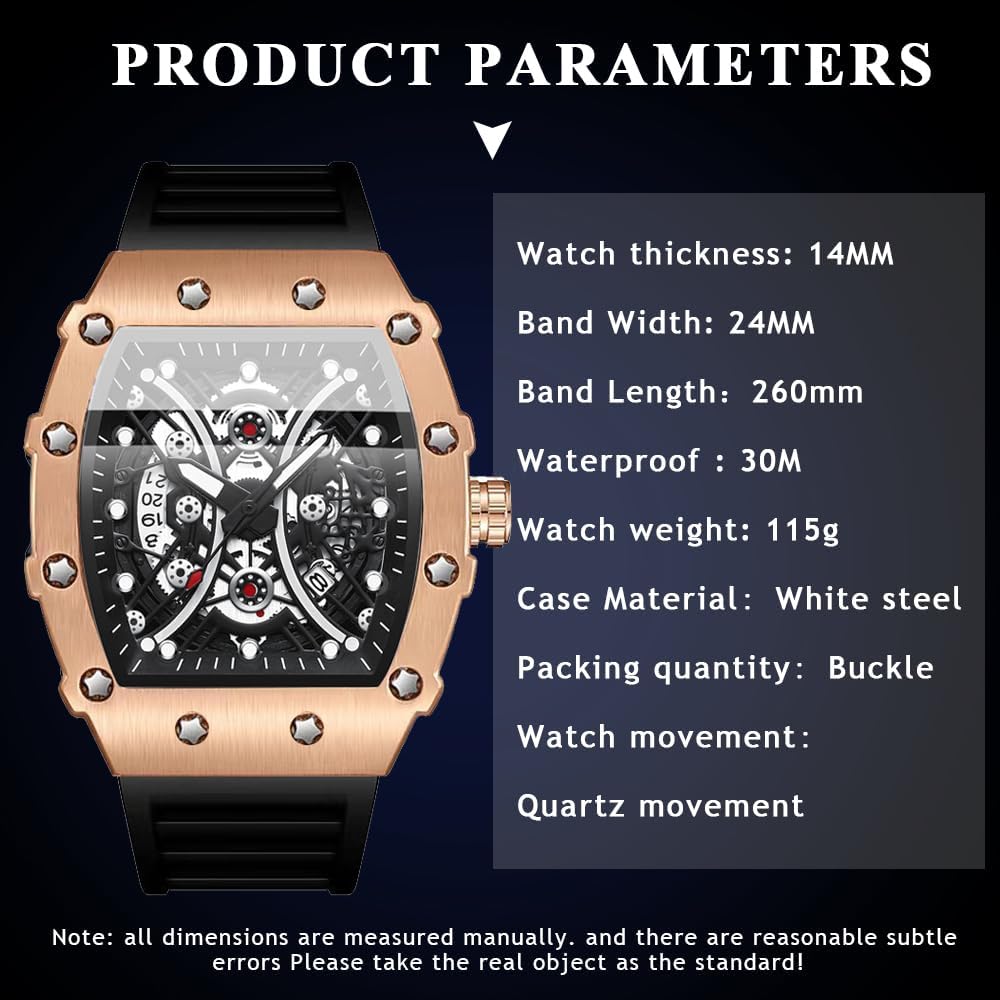 Tiong Men’s Barrel-Shaped Quartz Skeleton Watch-Silicone Strap, Luminous & Waterproof, Sport Luxury Style