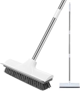 Floor Scrubber Brush with Long Handle, 2 in 1 Floor Scrub Brush with Squeegee for Cleaning Bathroom, Deck, Patio, Garage, Wall, Tile Scrub Brush with Stiff Bristles