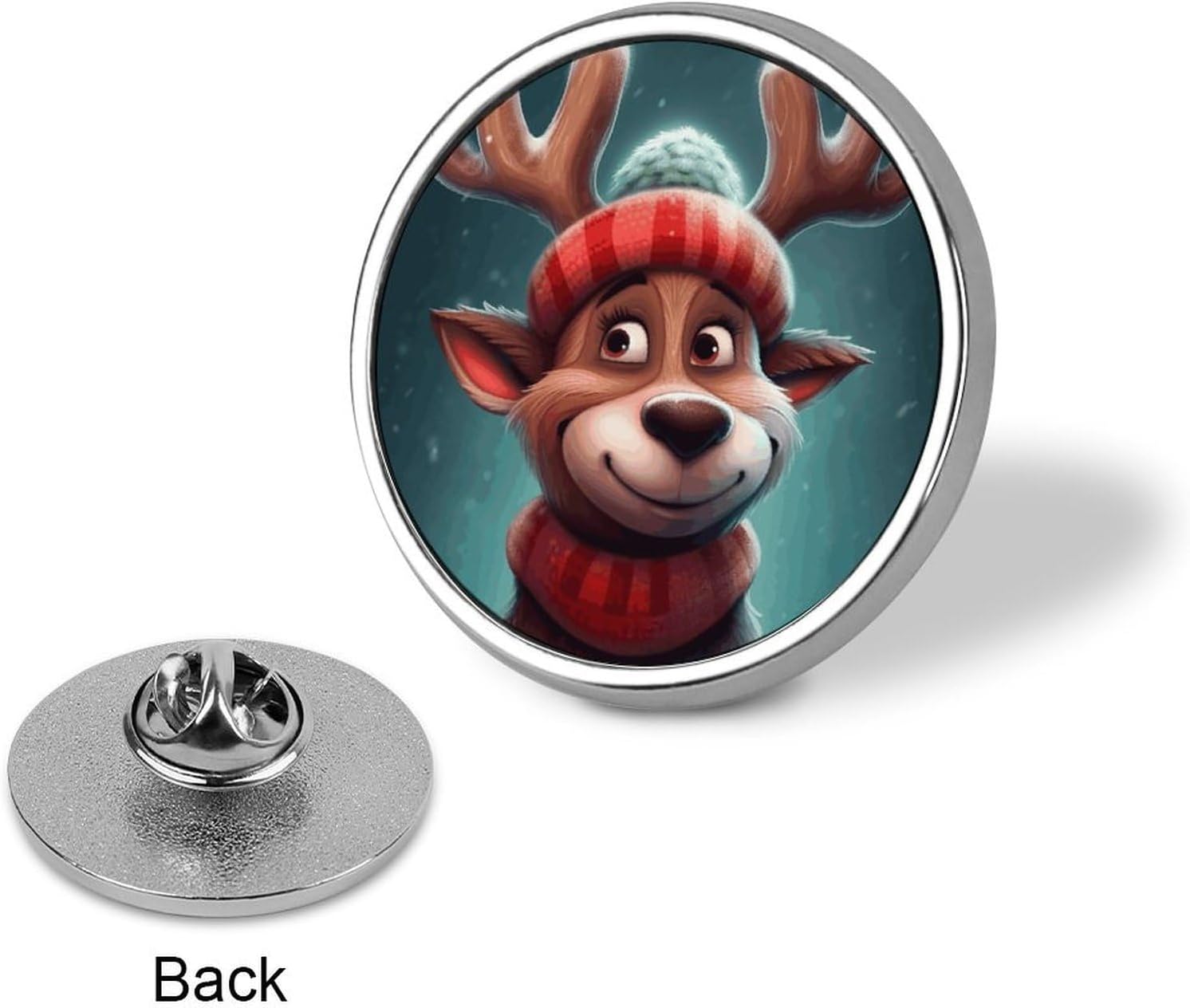 Round Metal Lapel Pin, Aluminum Alloy, Cartoon Deer Wearing Hat image 3