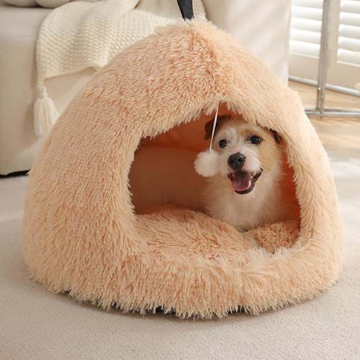Lit pour chat et chien beige S:45 avec niche chaude antidérapante en peluche