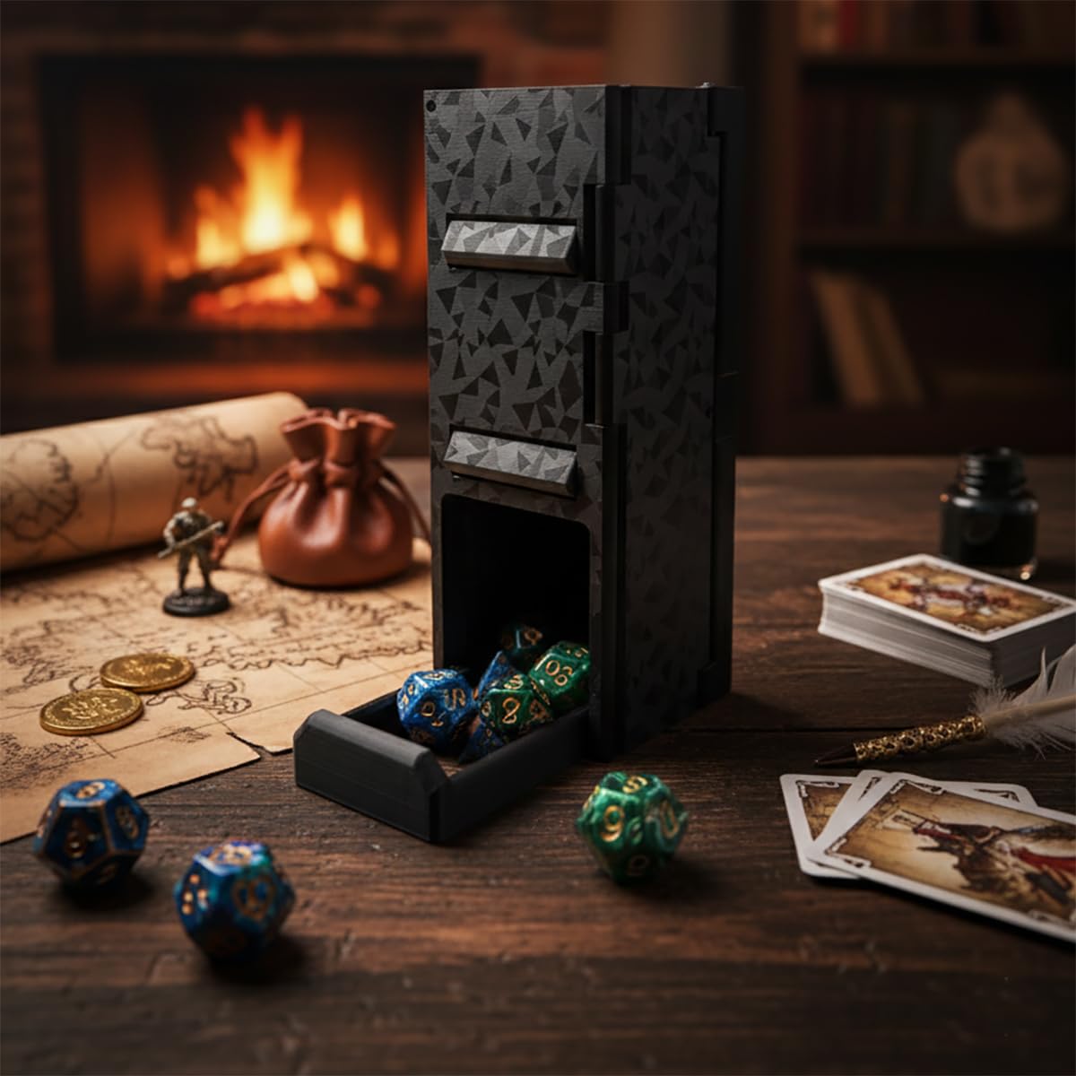 Inseguitore universale per contatore di giochi – 12 slot flip + quadrante a 3 cifre, torre per dadi pieghevole, supporto per dadi, strisce magnetiche cancellabili, tracker risorse – tutto in