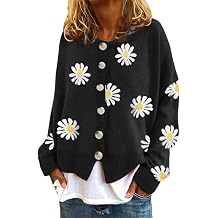 Womens Cute Long Sleeve Button Down Open Front Knit Sweater Cardigan Daisy Flower Cardigan Sweaters Fall Winter Coats