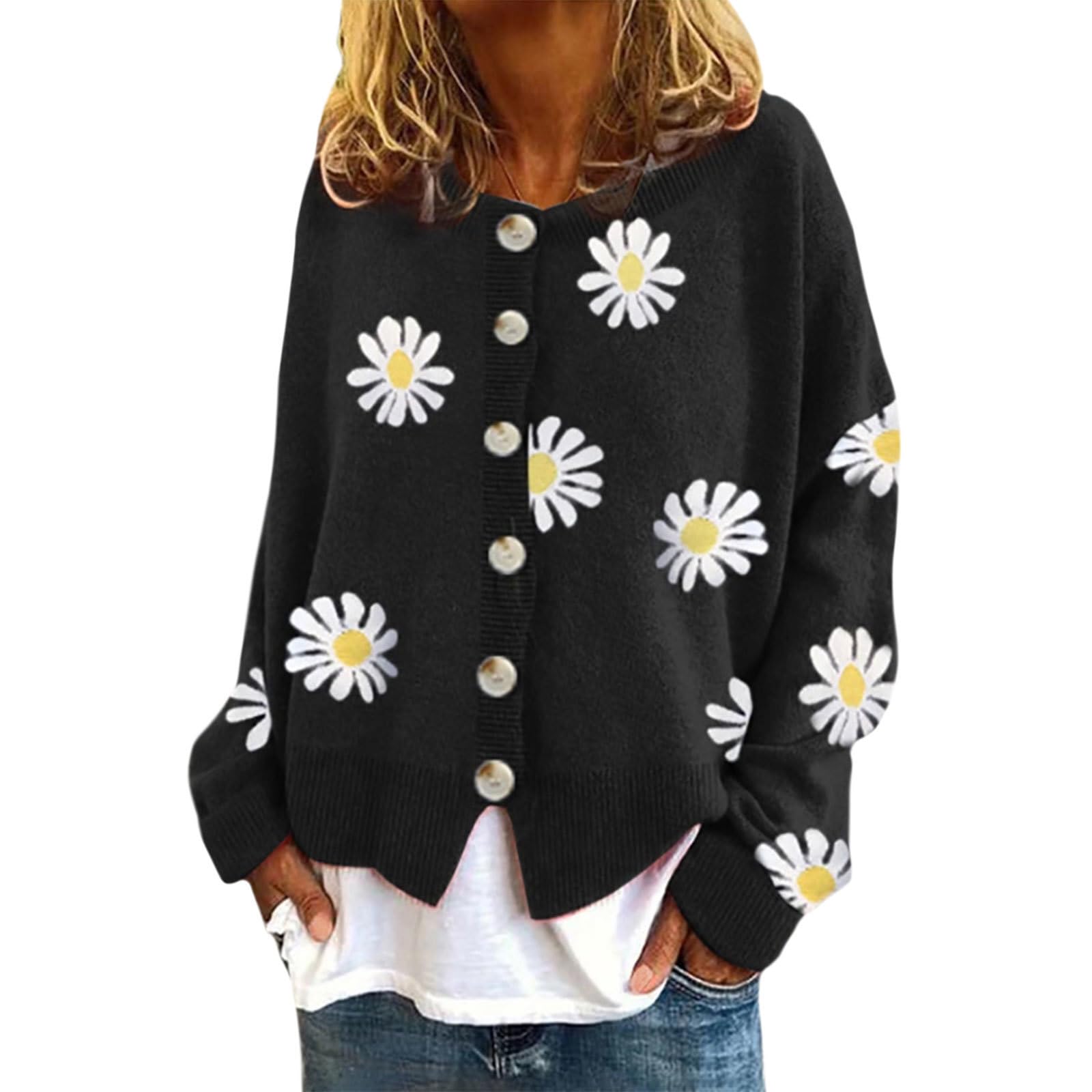 Oversized Cropped Cardigan Sweaters for Women Vintage Daisy Flower Outwear Casual Loose Fit Fall Winter Knit Sweaters