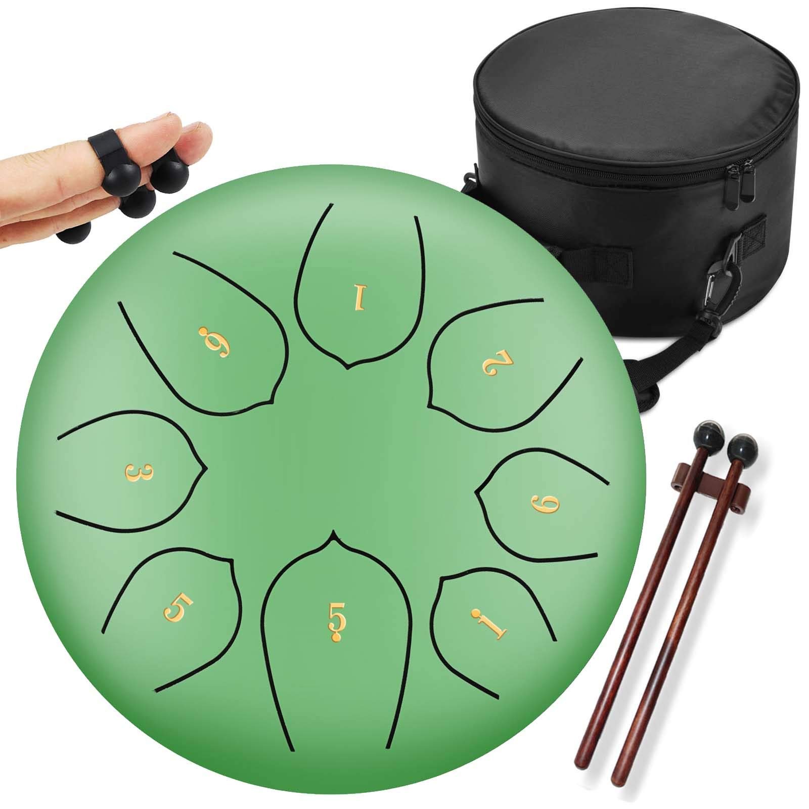 Stalowy bęben językowy, 8-uwaga 8-calowy Mini stalowy bęben Handpan Instrument perkusyjny Handpan Drum Mini zestaw perkusyjny z książką muzyczną Mallets Green