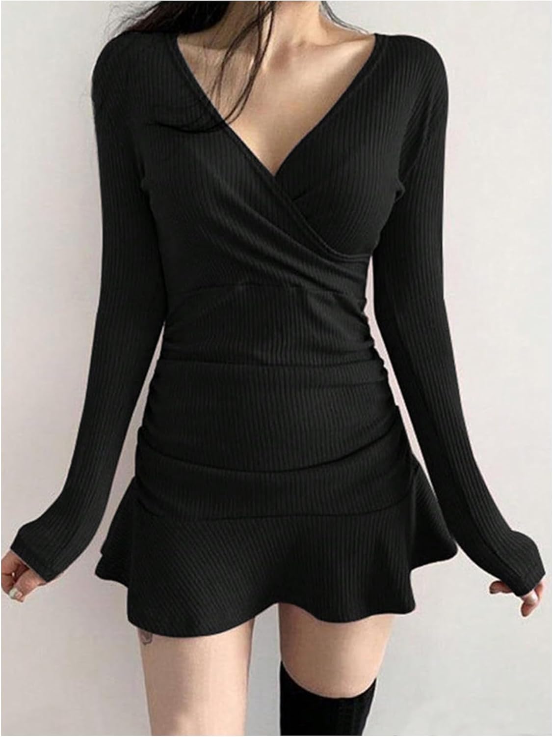 Verdusa Women's Wrap V Neck Mini Dress Ruffle Ruched Slimming Dresses Spring Fall Outfits - Image 2
