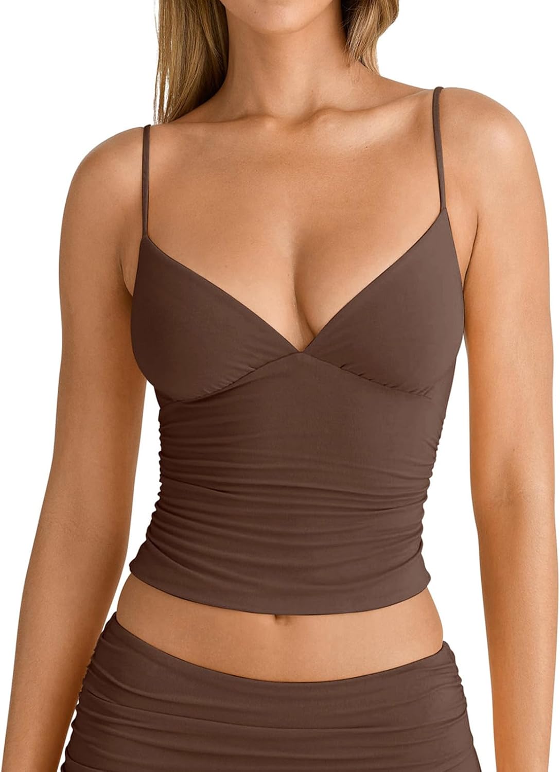 PINKMSTYLE Women's Sexy V Neck Ruched Cami Top Sleeveless Spaghetti Double Layer Fitted Crop Tank Tops - Image 4