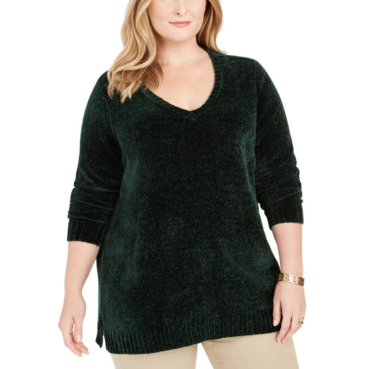 Womens Plus Chenille Pullover V-Neck Sweater Green 0X
