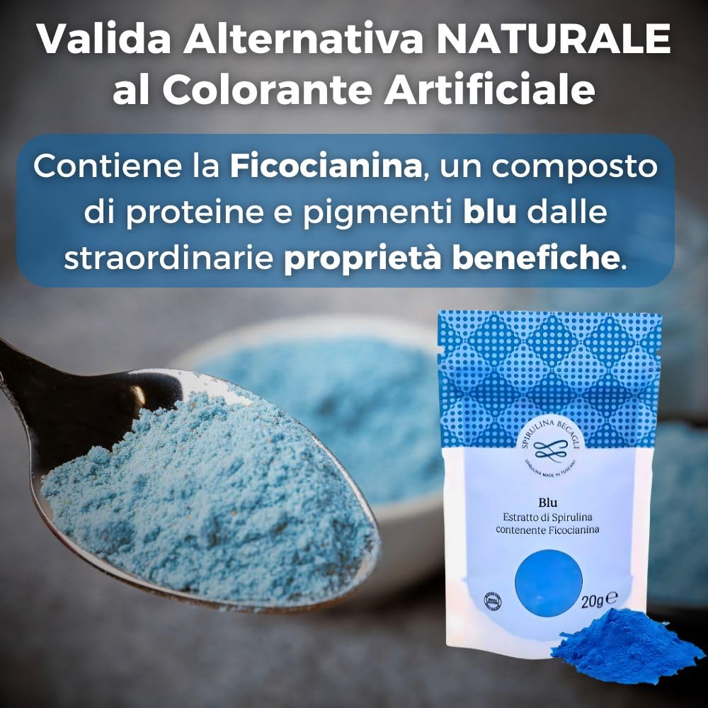 Spirulina Becagli - Spirulina Blu Bio in Polvere 20 g, Colorante Alimentare Senza Glutine Made in Italy con Ficocianina, Vitamine e Proteine Vegane per Difese Immunitarie - Effetto Detox
