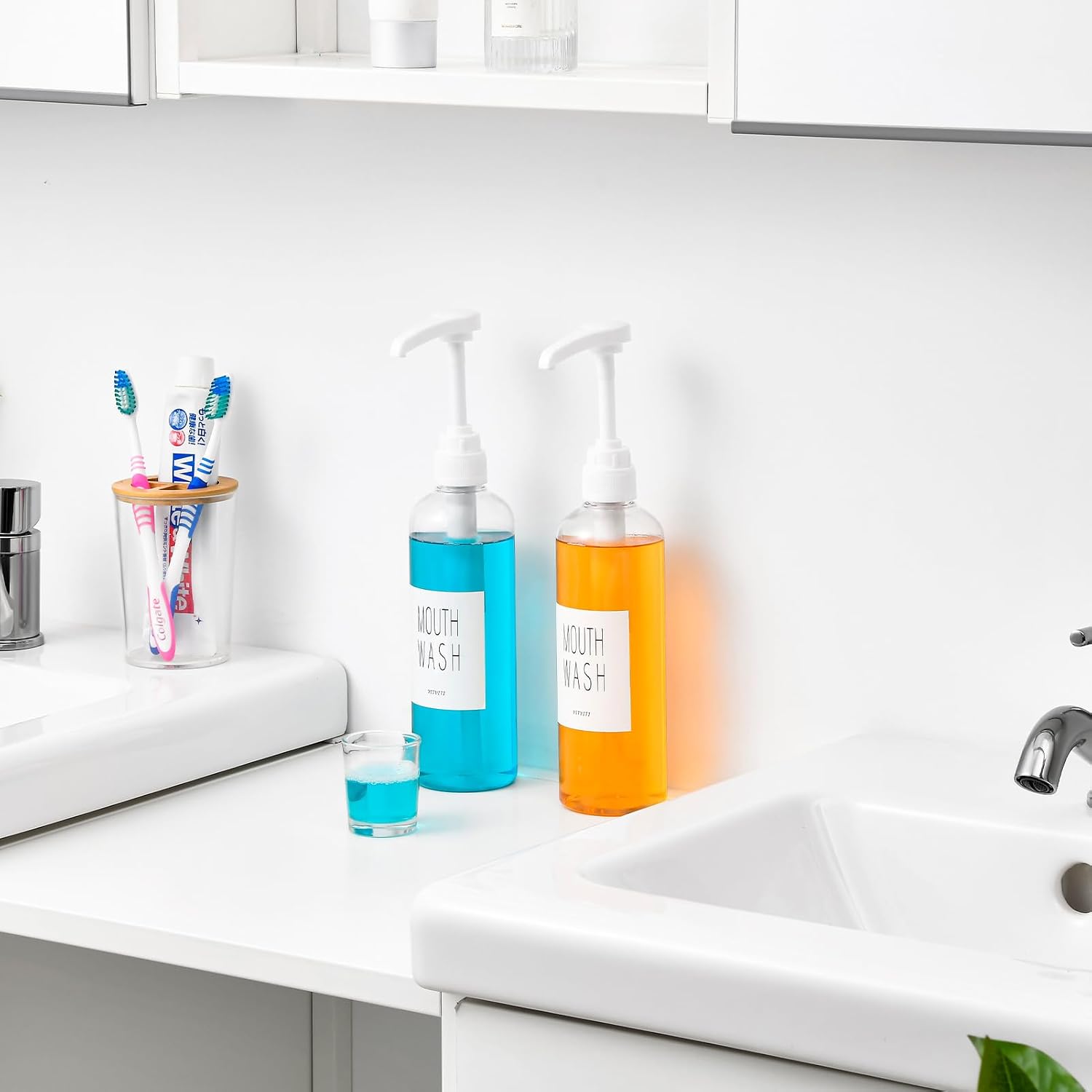 VITVITI Plastic Mouthwash Dispenser, Clear Bathroom Pump Bottle with Cup image 4