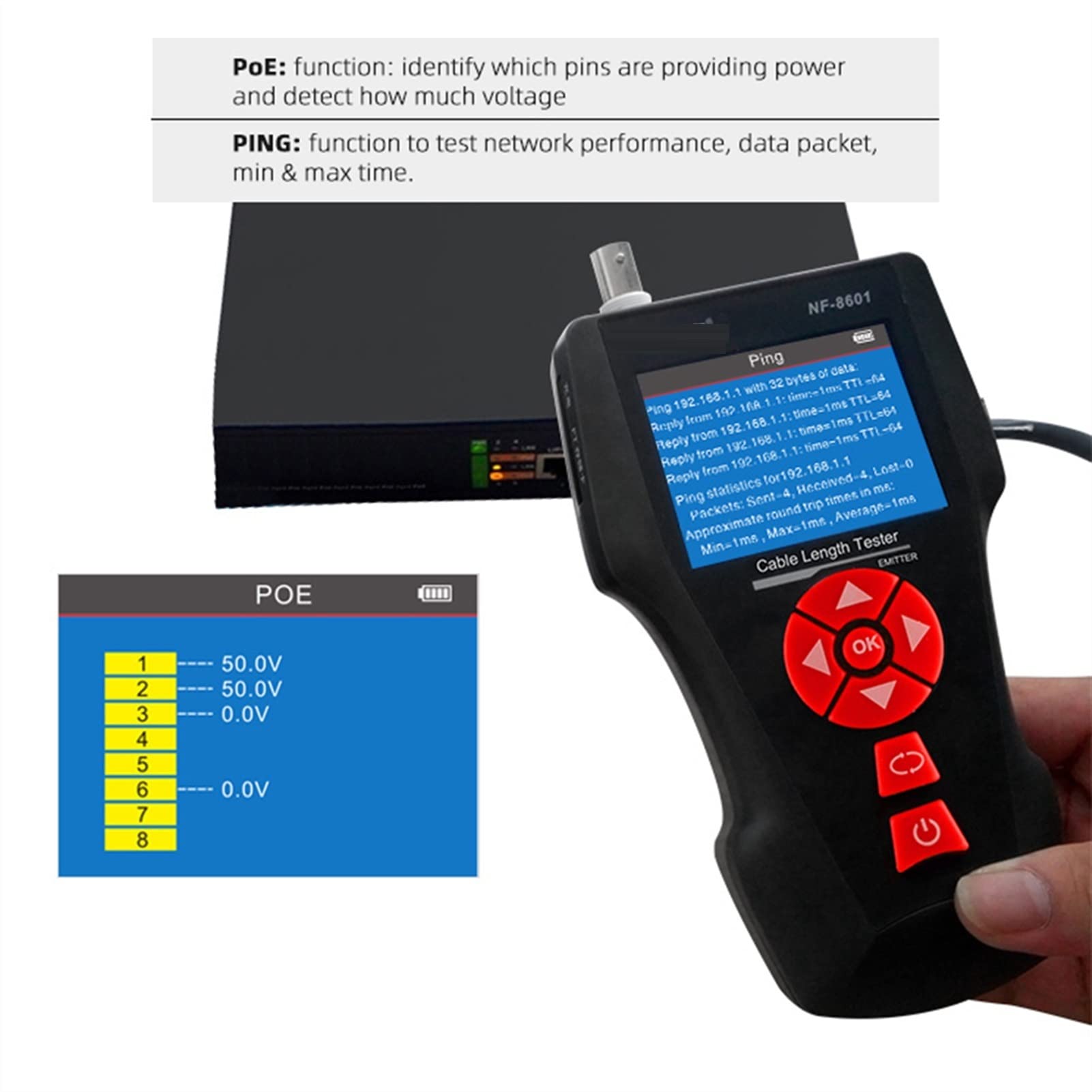 NF-8601 Nuevo diseño Poe Ping LCD Prueba de longitud del cable for RJ11 RJ45 BNC Network CAT 7 Tester Tester Check Check