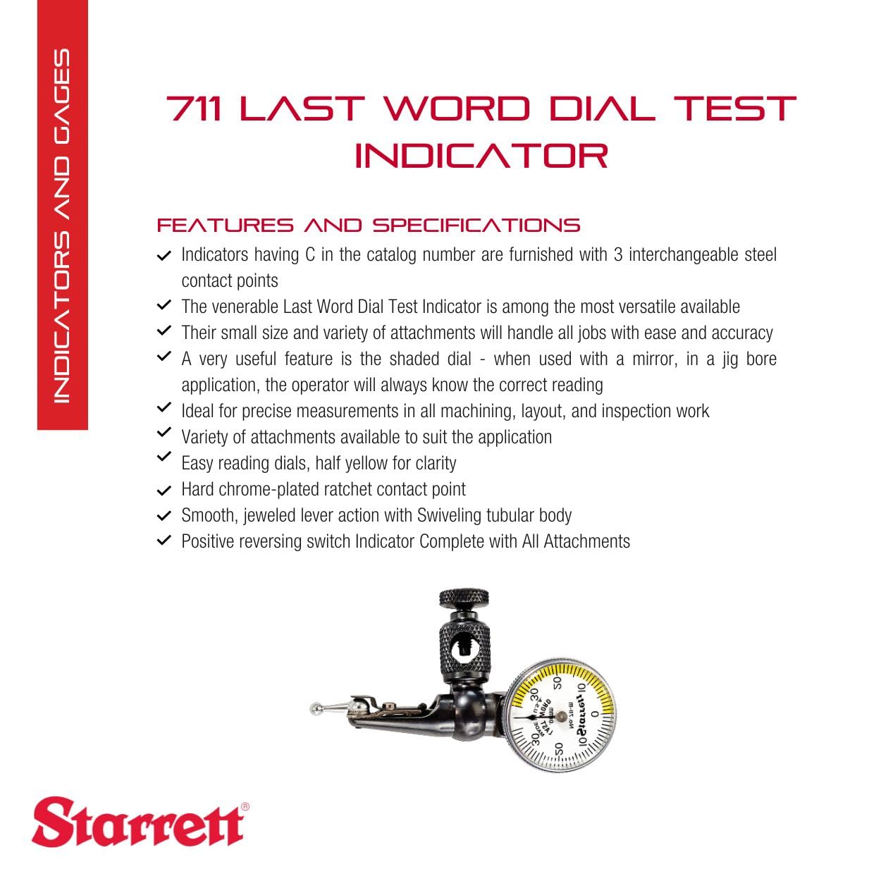Starrett 711 Last Word Dial Test Indicator with All Attachments - White Half Shaded Face, .030" Range, 0-15-0 Dial Reading, .001" Graduation - 711GCSZ