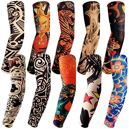 Aresvns Extended Version Tattoo Sleeve Kit - 10PCS Arm Sleeves for Biker, Halloween, Cosplay - Slip-On, Stretchable Cover
