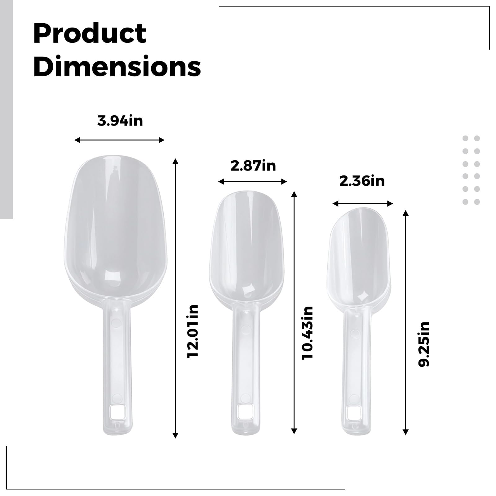Lot de 3 cuillères à glace en plastique transparent épaissi, sans danger pour les aliments, idéales pour congélateur et seau à glace, avec poignées confortables, tailles petite, moyenne et grande